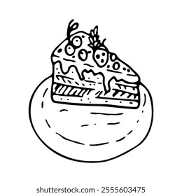 Bolo de aniversário com bagas em estilo doodle, gráficos feitos à mão. Para saudações, cartões de felicitações, cartazes, receitas, menus.