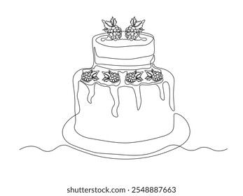 Birthday cake with blackberry, dessert. continuous single line art drawing sketch, logo