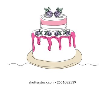 Birthday cake with blackberry, dessert. continuous single line art drawing sketch, logo