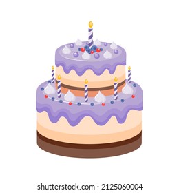Birthday Cake with Blueberry Icing, Marshmallows, Berries and Candles. Festive Sweet Dessert or Pastries. Vector Illustration.