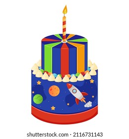 Birthday cake for boys with candle. Cake for party on the theme of space. Vector illustration.