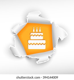 Birthday cake and breakthrough paper hole with ragged edges with a space for your message.