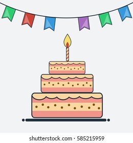 Birthday cake and bunting flags flat design. Cake icon. Creative template card for birthday. Holiday concept. Vector illustration