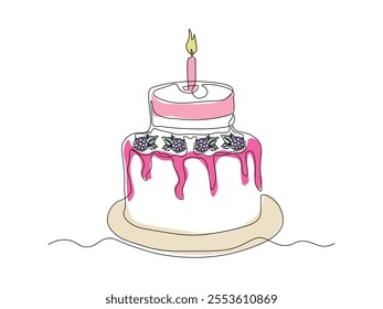 Birthday cake with burning candle and  blackberries, raspberries, dessert. continuous single line art drawing sketch, logo