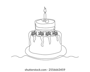 Birthday cake with burning candle and  blackberries, raspberries, dessert. continuous single line art drawing sketch, logo