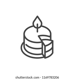 Birthday cake with burning candle outline icon. Symbol of party, holiday, event, anniversary. Sweet dessert line label. Web pictograph. Vector illustration isolated on white background