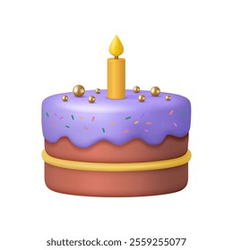 Birthday cake with burning candle, sweet melting icing and sprinkles. Vector isolated sweet dessert with decorative golden beats and mousse. Celebrating holiday or anniversary, greeting