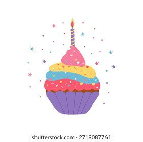Pastel de cumpleaños, vela ardiente. Pasteles dulces, confeti. Pastel de queso multicolor brillante. Fiesta infantil, ilustración plana. Aislado sobre fondo blanco.