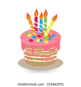 Birthday cake with burning candles isolated on white background, Vector Illustration.