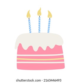 Birthday cake with burning candles  isolated on white background. Hand drawn flat vector  illustration. Great for greeting cards.