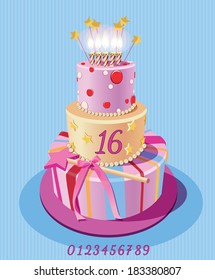 Birthday Cake with burning candles and numbers. Vector card.