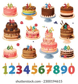 Pastel de cumpleaños y velas encendidas. Postre festivo con velas en forma de número para celebración ilustración vectorial de dibujos animados