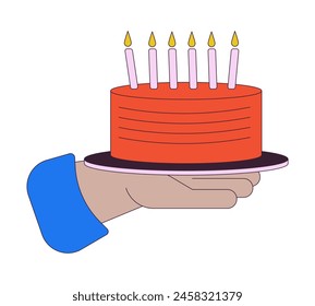 Pastel de cumpleaños con velas encendidas que muestran ilustración lineal de la mano del personaje de dibujos animados. Contorno de postre festivo Imagen de Vector 2D, fondo blanco. Clipart de color plano editable de Festiva para pastelería