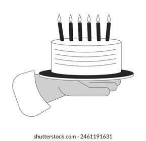 Birthday cake with burning candles showing cartoon human hand outline illustration. Festive dessert 2D isolated black and white vector image. Holiday confectionery flat monochromatic drawing clip art