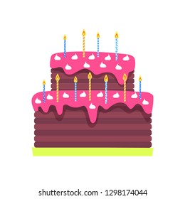 Birthday Cake With Burning Candles Vector Isolated Icon. Sweet Dessert With Pink Topping And Marshmallows, Bday Holiday Or Anniversary Traditional Confectionery