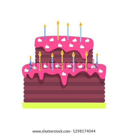 Birthday cake with burning candles vector isolated icon. Sweet dessert with pink topping and marshmallows, Bday holiday or anniversary traditional confectionery