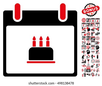 Birthday Cake Calendar Day icon with bonus calendar and time management symbols. Vector illustration style is flat iconic symbols, intensive red and black, white background.