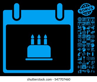 Birthday Cake Calendar Day icon with bonus calendar and time management images. Vector illustration style is flat iconic symbols, blue, black background.