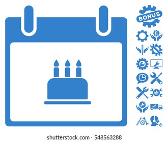 Birthday Cake Calendar Day icon with bonus tools pictures. Vector illustration style is flat iconic symbols, cobalt, white background.