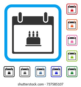 Birthday Cake Calendar Day icon. Flat gray pictogram symbol in a light blue rounded squared frame. Black, gray, green, blue, red, orange color variants of Birthday Cake Calendar Day vector.