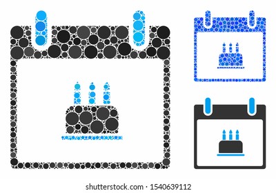 Birthday cake calendar day mosaic of small circles in variable sizes and color tinges, based on birthday cake calendar day icon. Vector small circles are composed into blue mosaic.