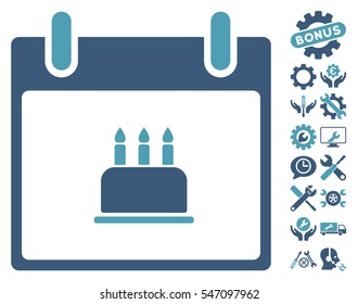 Birthday Cake Calendar Day pictograph with bonus setup tools design elements. Vector illustration style is flat iconic symbols, cyan and blue, white background.