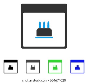 Birthday Cake Calendar Page flat vector illustration. Colored birthday cake calendar page gray, black, blue, green icon variants. Flat icon style for web design.