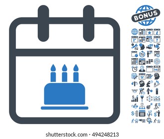 Birthday Cake Calendar Page icon with bonus calendar and time management pictogram. Vector illustration style is flat iconic bicolor symbols, smooth blue colors, white background.