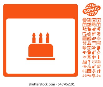 Birthday Cake Calendar Page icon with bonus calendar and time management graphic icons. Vector illustration style is flat iconic symbols, orange, white background.