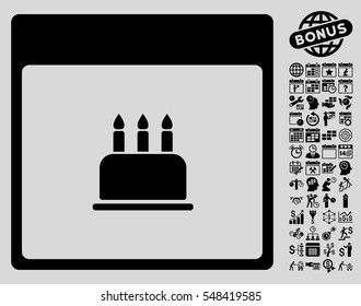 Birthday Cake Calendar Page icon with bonus calendar and time management symbols. Vector illustration style is flat iconic symbols, black, light gray background.