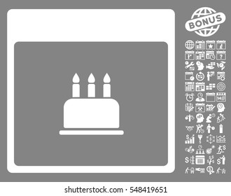 Birthday Cake Calendar Page icon with bonus calendar and time management symbols. Vector illustration style is flat iconic symbols, white, gray background.