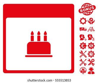 Birthday Cake Calendar Page icon with bonus tools pictograph collection. Vector illustration style is flat iconic symbols, red, white background.