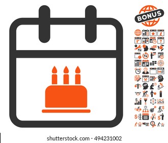 Birthday Cake Calendar Page pictograph with bonus calendar and time management pictures. Vector illustration style is flat iconic bicolor symbols, orange and gray colors, white background.