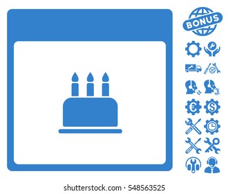 Birthday Cake Calendar Page pictograph with bonus configuration symbols. Vector illustration style is flat iconic symbols, cobalt, white background.