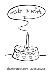 Birthday cake with a candle. Blow out the candle and make a wish. Vector graphic illustration, simple hand drawing