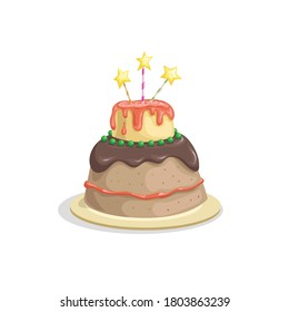 Birthday cake with candle, chocolate cream and cherry decorations. Cartoon style vector drawing. Dessert for celebration in funny style. Isolated on white.