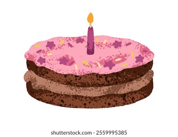 Birthday cake with candle and chocolate sponges. Sweet layered dessert with glaze, choco cream, and sprinkles, festive decor. Homemade confection. Flat vector illustration isolated on white background