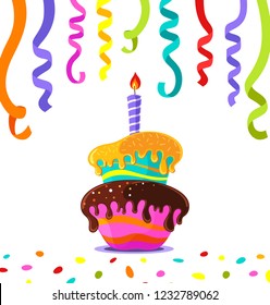 Birthday Cake with candle and colored confetti with ribbons around. 3D image perfect for greeting card.