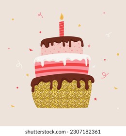 Birthday Cake with candle. Cute Vector illustration in simple style