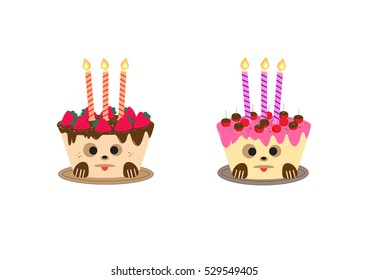 Birthday Cake with candle, designed for Happy Birthday greeting card. Dog face on birthday cake.