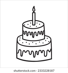 Birthday cake with candle doodle vector illustration isolated on white background