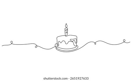 Birthday cake with candle drawn in one continuous line. Minimalist vector illustration for celebration, party, anniversary banners and greeting cards. Elegant hand-drawn linear style.