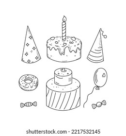 Birthday cake with a candle. Festive dessert. Birthday. Vector illustration in doodle style, isolated background.	