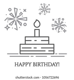 Birthday cake with candle and firework around it in thin line style isolated on white background - minimalistic greeting and congratulation card for first birthday or anniversary. Vector illustration.