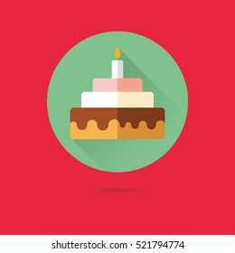 birthday cake with candle flat design long shadow vector icon