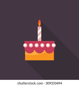 Birthday cake with candle flat icon with long shadow. Simple  vector. EPS 10.