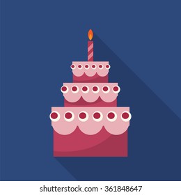 Birthday cake with candle flat icon with long shadow.