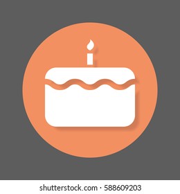 Birthday cake with candle flat icon. Round colorful button, circular vector sign with shadow effect. Flat style design
