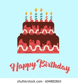 Birthday cake with candle. Flat icon decoration. Vector illustration.
