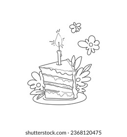 Birthday cake with candle and flowers, isolated on a transparent background. Vector illustration.